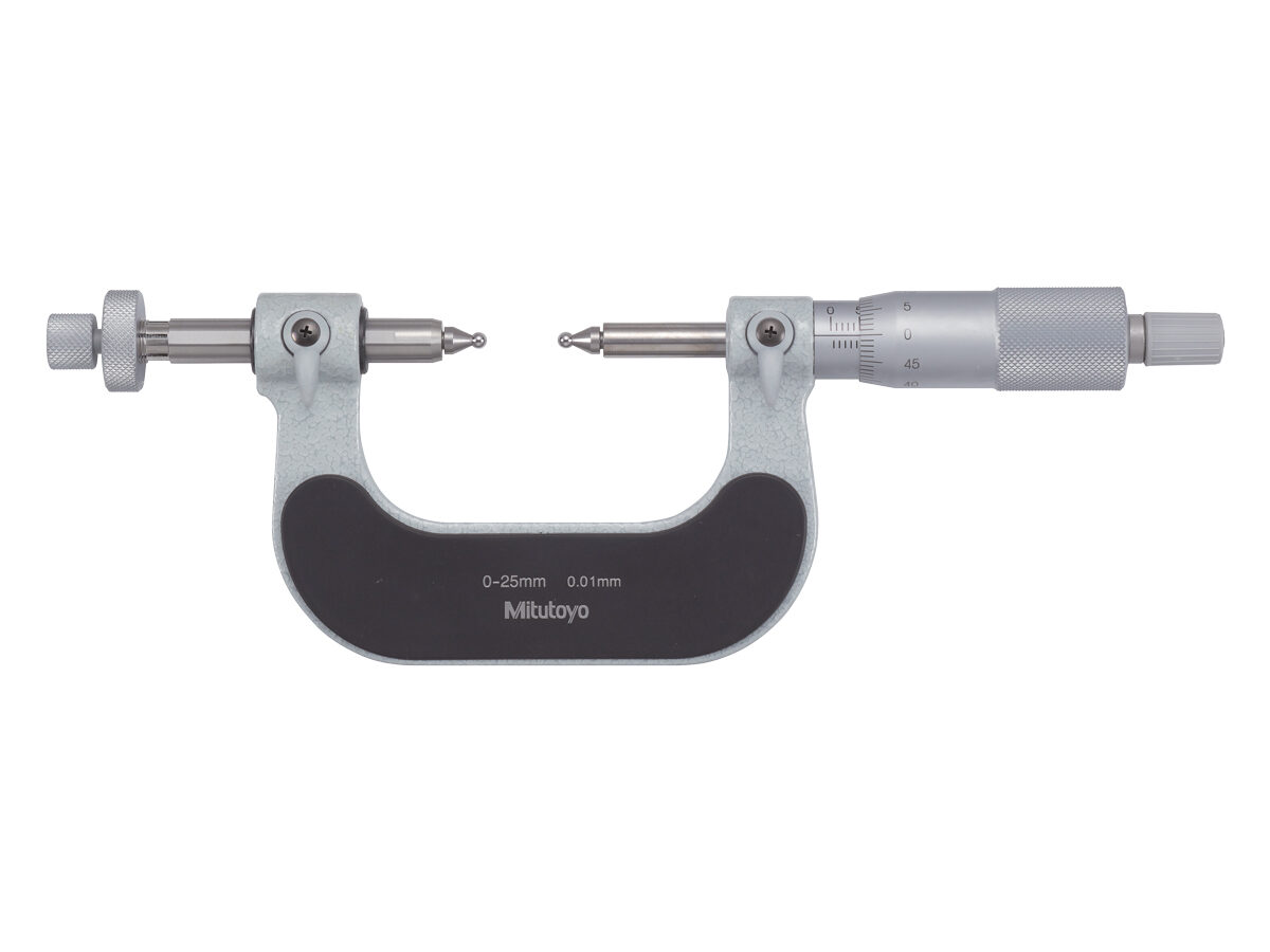 A Mitutoyo Mechanical Gear Tooth Micrometer with interchangeable ball anvil-spindle tips and a 0.01mm graduation.