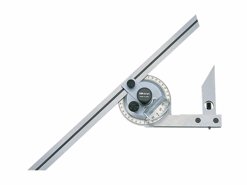 The Mitutoyo Universal Bevel Protractor least count features a blade with an easy-to-use locking clamp which shows precise angle measurements on a dial gage in 1° graduations. View details with our Vernier bevel protractor pdf at Mitutoyo.com.