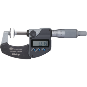 Mitutoyo 323-250-30 digital micrometer with a sleek silver and black design, featuring an easy-to-read LCD screen displaying accurate measurements.