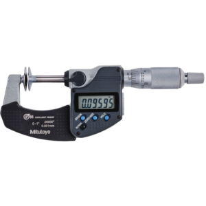 A close-up of Mitutoyo's 323-350-30 digital micrometer, displaying its precise measurement.