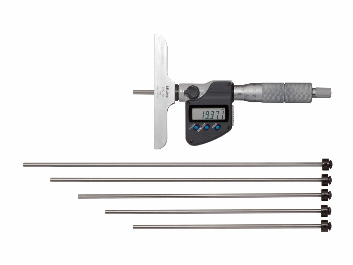 The Mitutoyo digital interchangeable rod type depth micrometer offers great versatility for measuring a range of depths with the included extension rods.