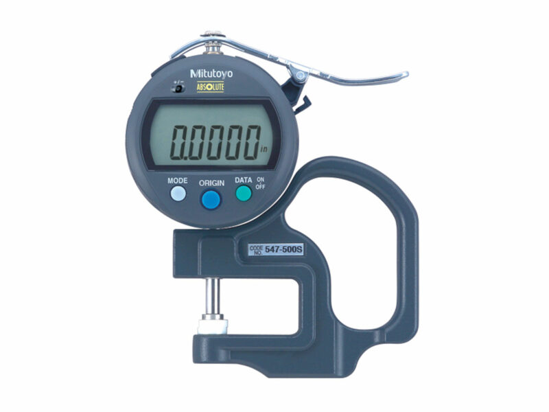 A Flat Anvil Thickness Gage made by Mitutoyo taking an accurate measurement.