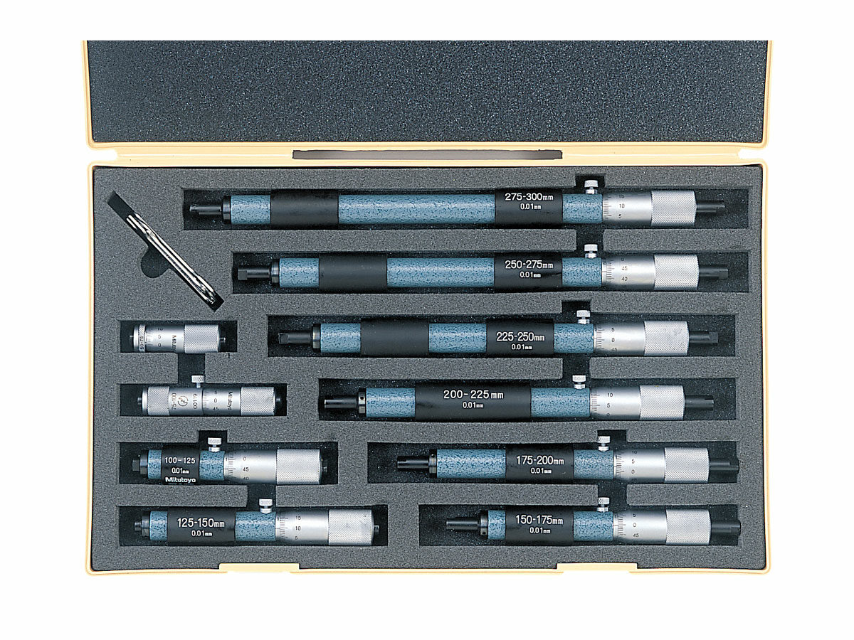 The Mitutoyo mechanical single rod type tubular inside micrometer set includes complete micrometers to take precise inside dimension measurements of a wide range of sizes and workpiece types.