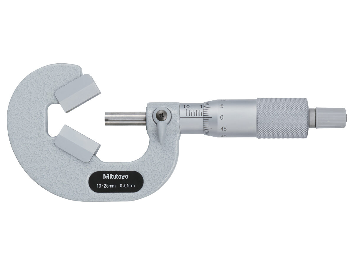 The Mitutoyo mechanical V-Anvil micrometer with a ratchet-stop that is used for measuring the outside diameter of cutting tools.