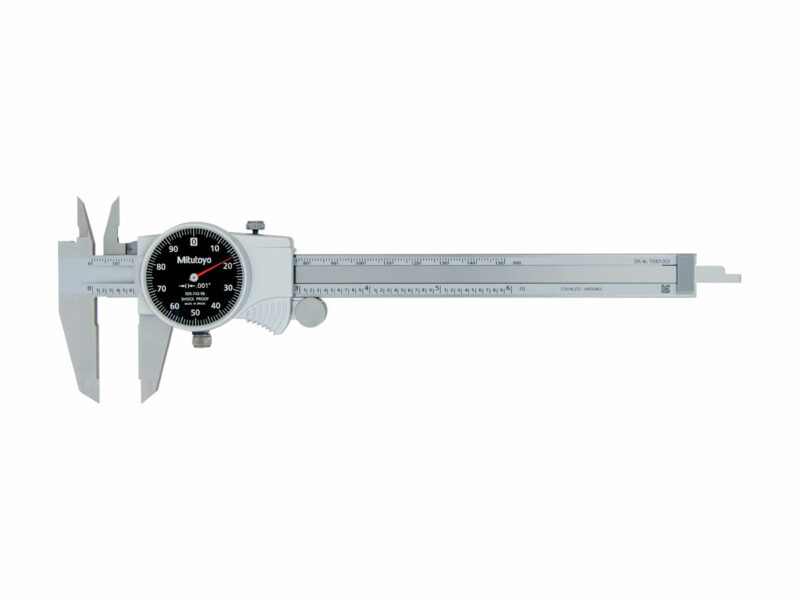The Mitutoyo Dial Caliper with a black dial face is made with hardened stainless steel and used for four-way measurement